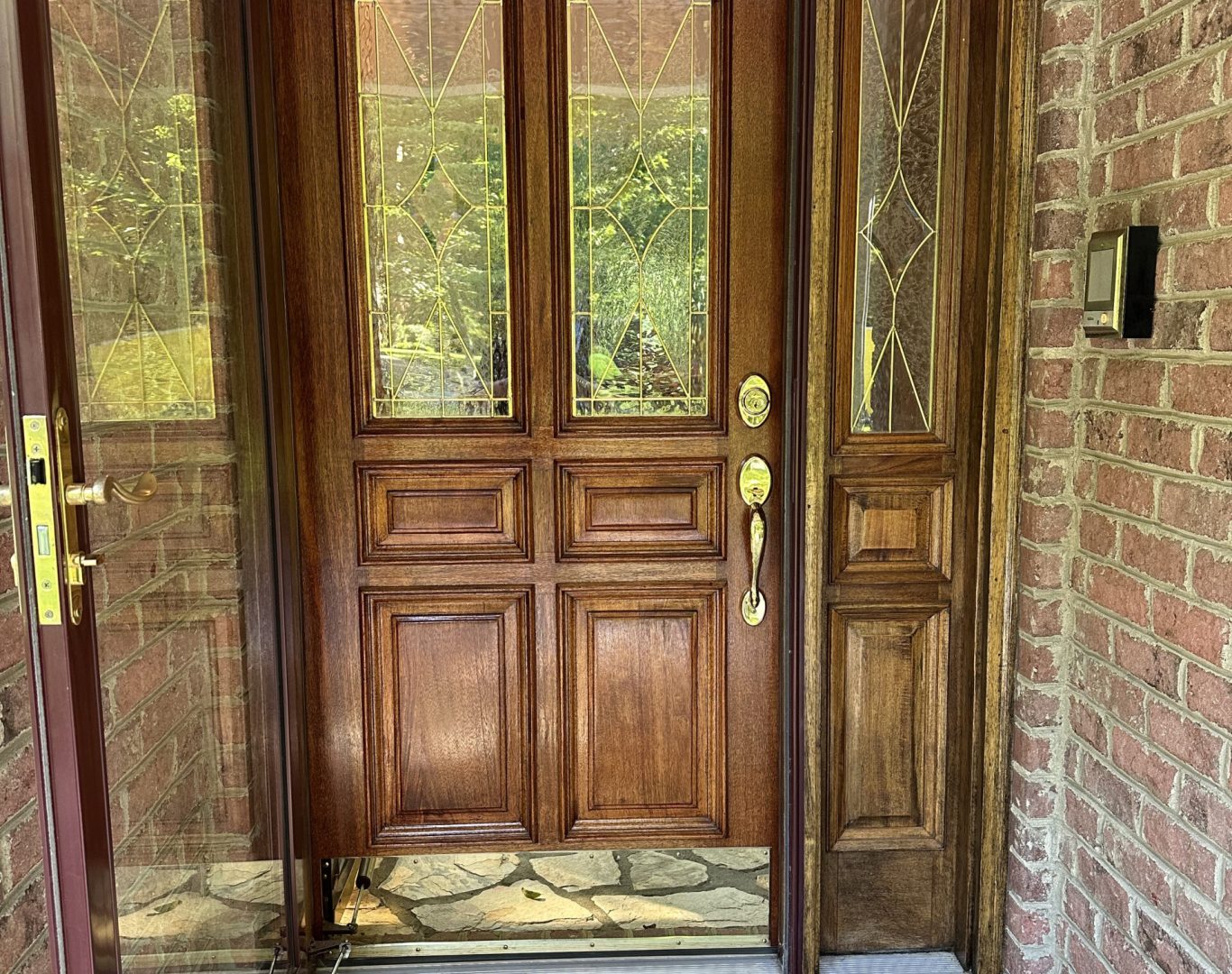 Entry Door Replacement in Cornelius - NC underway as installers secure a new front door frame